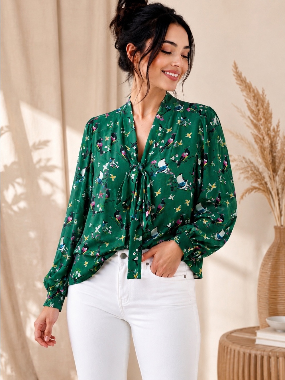Anthropologie Conversations Bird Print Tie Front Blouse Size 0